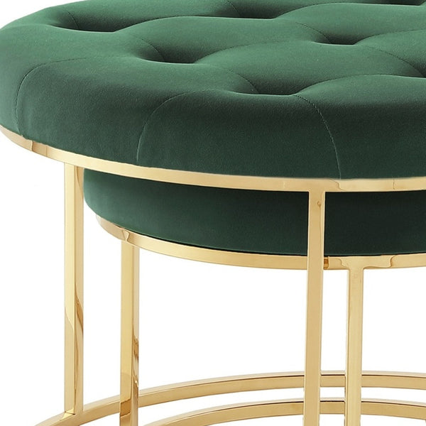 Homeroots Set Of Two Green Velvet And Gold Tufted Round Ottomans Green,Gold,Velvet  490598