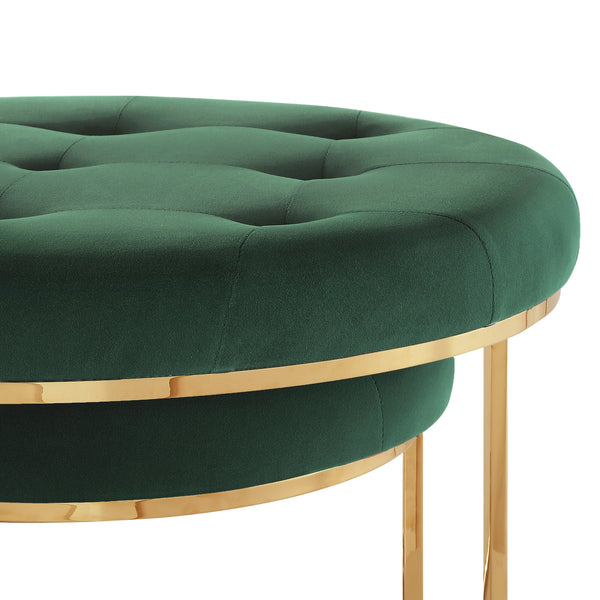 Homeroots Set Of Two Green Velvet And Gold Tufted Round Ottomans Green,Gold,Velvet  490598