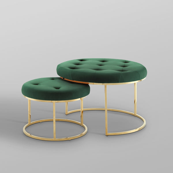 Homeroots Set Of Two Green Velvet And Gold Tufted Round Ottomans Green,Gold,Velvet  490598