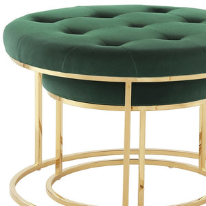 Homeroots Set Of Two Green Velvet And Gold Tufted Round Ottomans Green,Gold,Velvet  490598