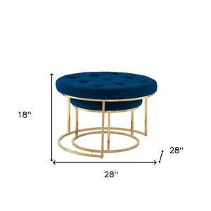 Homeroots Set Of Two Navy Blue Velvet And Gold Tufted Round Ottomans Navy,Gold,Velvet  490599