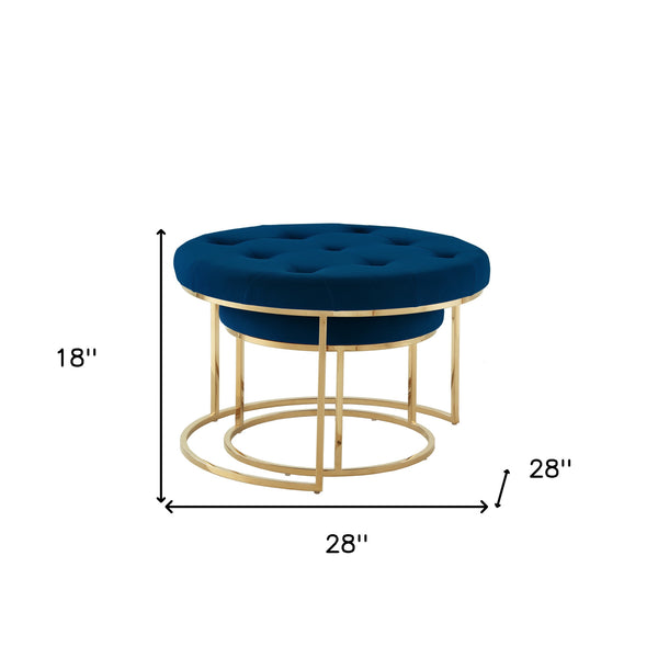Homeroots Set Of Two Navy Blue Velvet And Gold Tufted Round Ottomans Navy,Gold,Velvet  490599