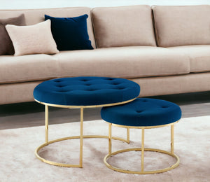 Homeroots Set Of Two Navy Blue Velvet And Gold Tufted Round Ottomans Navy,Gold,Velvet  490599