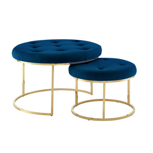 Homeroots Set Of Two Navy Blue Velvet And Gold Tufted Round Ottomans Navy,Gold,Velvet  490599