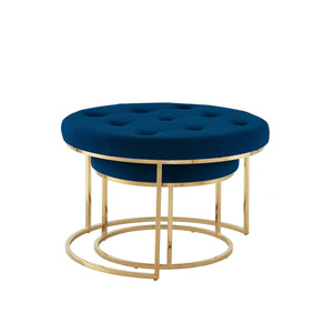 Homeroots Set Of Two Navy Blue Velvet And Gold Tufted Round Ottomans Navy,Gold,Velvet  490599
