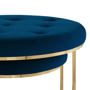 Homeroots Set Of Two Navy Blue Velvet And Gold Tufted Round Ottomans Navy,Gold,Velvet  490599