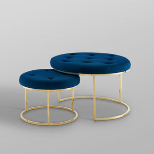 Homeroots Set Of Two Navy Blue Velvet And Gold Tufted Round Ottomans Navy,Gold,Velvet  490599