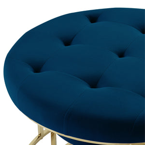 Homeroots Set Of Two Navy Blue Velvet And Gold Tufted Round Ottomans Navy,Gold,Velvet  490599