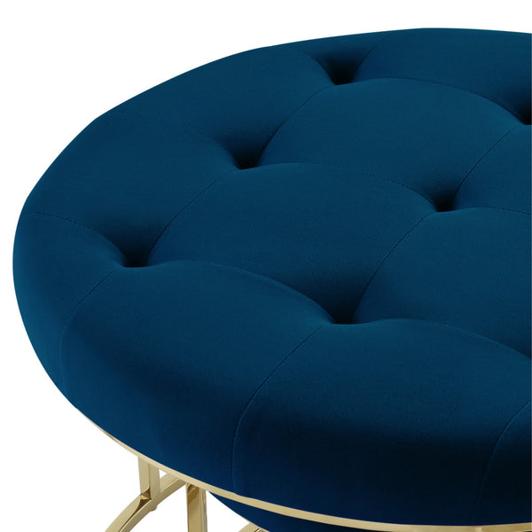 Homeroots Set Of Two Navy Blue Velvet And Gold Tufted Round Ottomans Navy,Gold,Velvet  490599