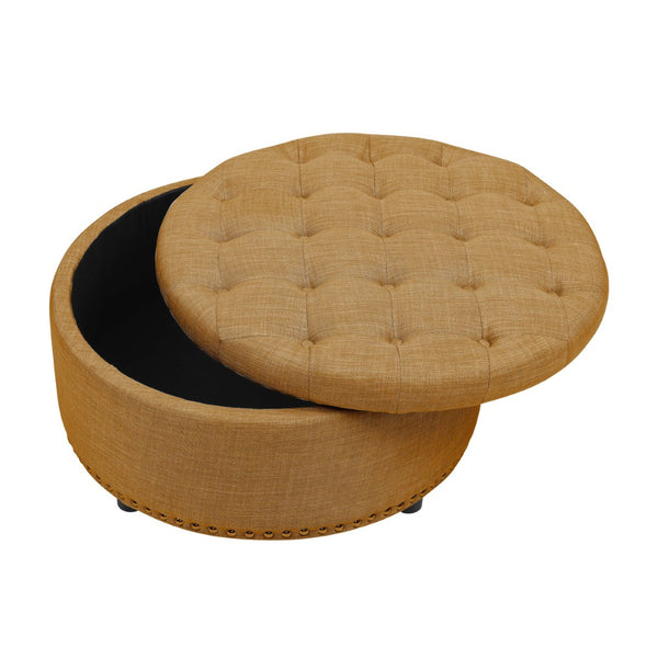 English Elm Tufted Linen Square Ottoman with Lift Top Storage Nailhead Trim Living Room Orange B2748P481673