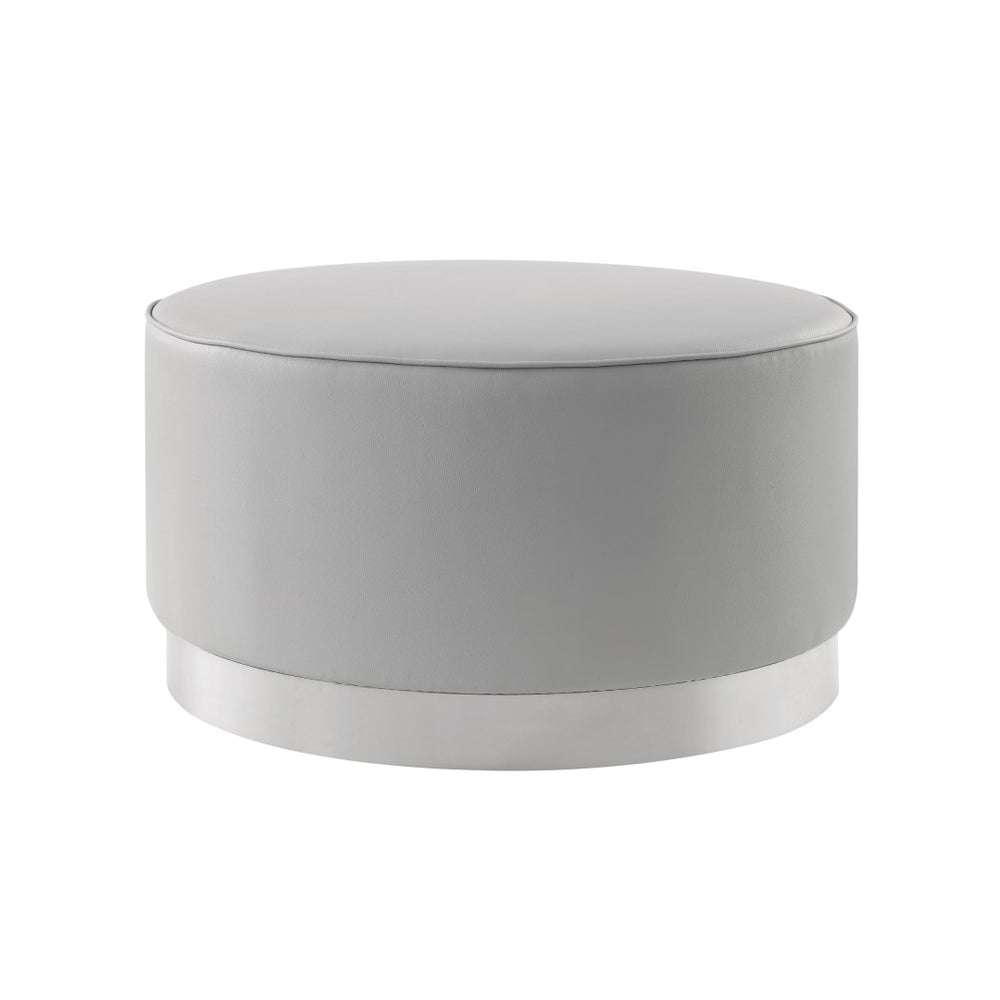 HomeRoots 31" Modern Round Cocktail Ottoman with Silver Base - Chic Faux Leather Accent for Living Room Elegance Grey PU/Chrome, Leather PU Leather PU 490600