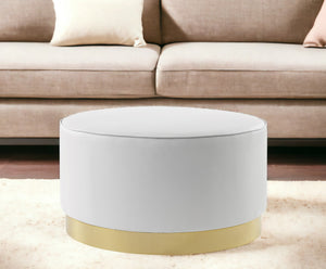 Homeroots 31" White Faux Leather And Gold Round Cocktail Ottoman White Pu,Gold,Leather Pu  490601