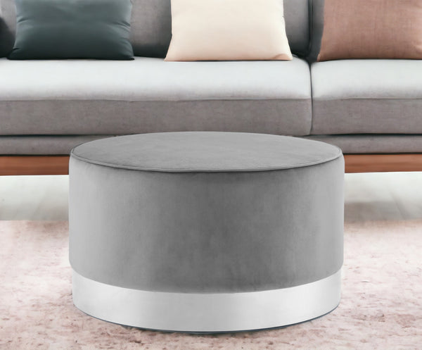 Homeroots 31" Gray Velvet And Silver Round Cocktail Ottoman Grey Velvet,Chrome,Velvet  490602