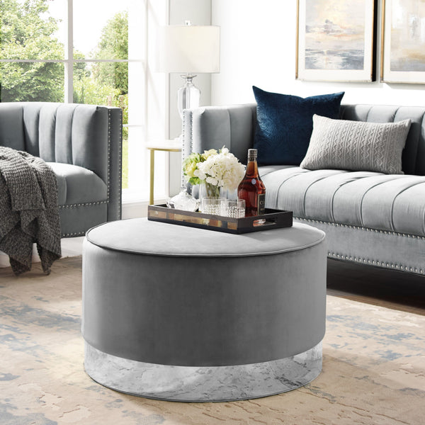 Homeroots 31" Gray Velvet And Silver Round Cocktail Ottoman Grey Velvet,Chrome,Velvet  490602