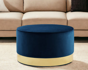 Homeroots 31" Navy Blue Velvet And Gold Round Cocktail Ottoman Navy Velvet,Gold,Velvet  490603