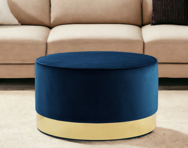 Homeroots 31" Navy Blue Velvet And Gold Round Cocktail Ottoman Navy Velvet,Gold,Velvet  490603