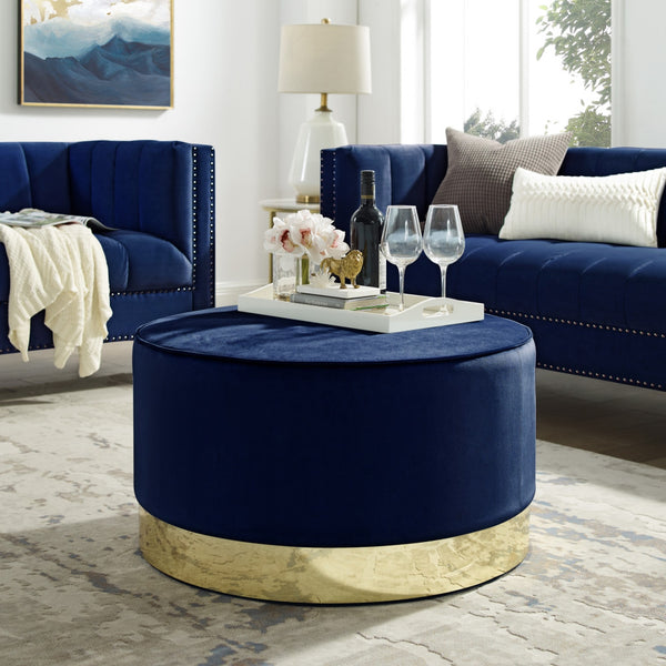 Homeroots 31" Navy Blue Velvet And Gold Round Cocktail Ottoman Navy Velvet,Gold,Velvet  490603