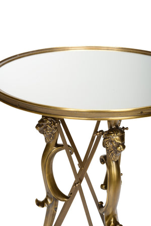 Wildwood Lion Brass Mirror Side Table With Narasimha Lion Head & Paw Base, Antique Patina Accent Piece 490604