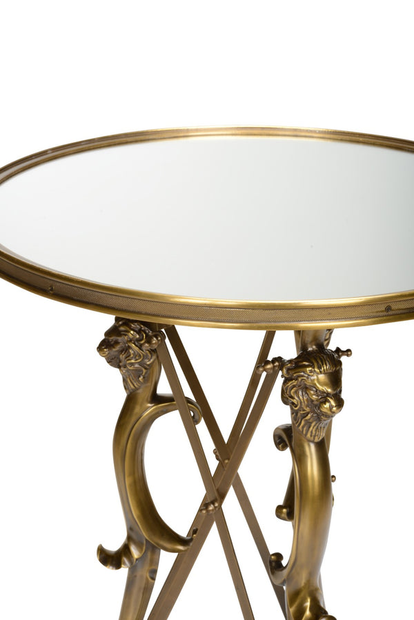 Wildwood Lion Brass Mirror Side Table With Narasimha Lion Head & Paw Base, Antique Patina Accent Piece 490604