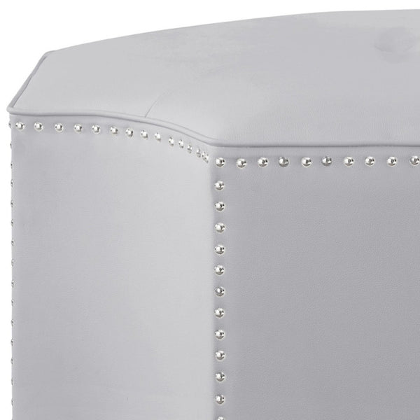 HomeRoots 33" Stylish Octagonal Cocktail Ottoman in Silver Faux Leather with Tufted Design & Nailhead Trim Silver PU/Chrome, Leather PU Leather PU 490604