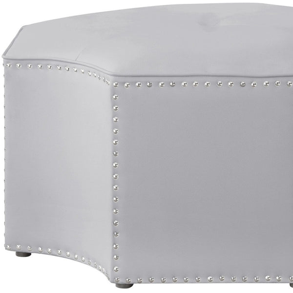 HomeRoots 33" Stylish Octagonal Cocktail Ottoman in Silver Faux Leather with Tufted Design & Nailhead Trim Silver PU/Chrome, Leather PU Leather PU 490604