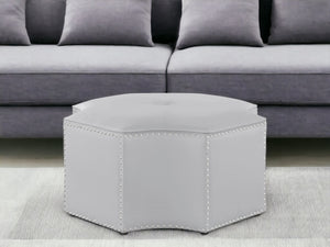 HomeRoots 33" Stylish Octagonal Cocktail Ottoman in Silver Faux Leather with Tufted Design & Nailhead Trim Silver PU/Chrome, Leather PU Leather PU 490604
