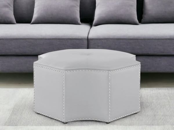 HomeRoots 33" Stylish Octagonal Cocktail Ottoman in Silver Faux Leather with Tufted Design & Nailhead Trim Silver PU/Chrome, Leather PU Leather PU 490604