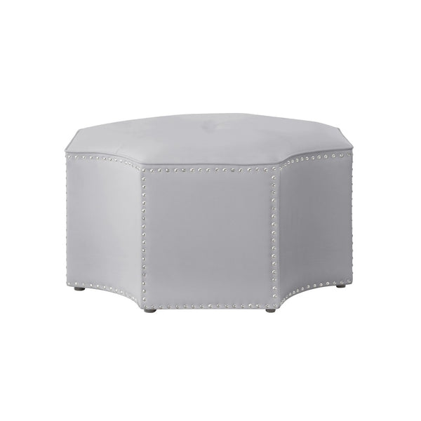 HomeRoots 33" Stylish Octagonal Cocktail Ottoman in Silver Faux Leather with Tufted Design & Nailhead Trim Silver PU/Chrome, Leather PU Leather PU 490604