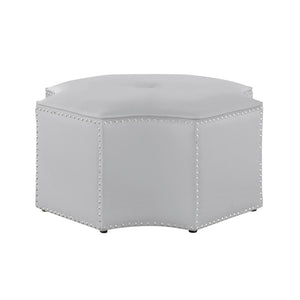HomeRoots 33" Stylish Octagonal Cocktail Ottoman in Silver Faux Leather with Tufted Design & Nailhead Trim Silver PU/Chrome, Leather PU Leather PU 490604