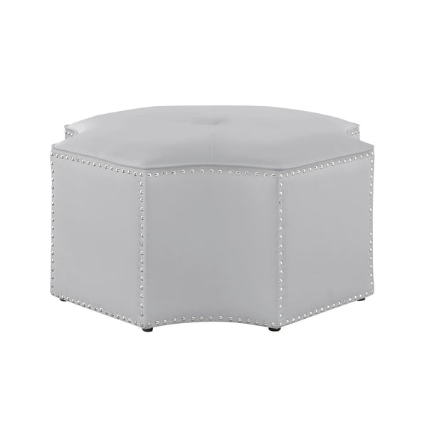 HomeRoots 33" Stylish Octagonal Cocktail Ottoman in Silver Faux Leather with Tufted Design & Nailhead Trim Silver PU/Chrome, Leather PU Leather PU 490604