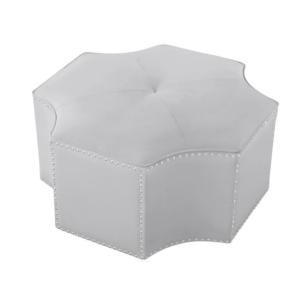 HomeRoots 33" Stylish Octagonal Cocktail Ottoman in Silver Faux Leather with Tufted Design & Nailhead Trim Silver PU/Chrome, Leather PU Leather PU 490604