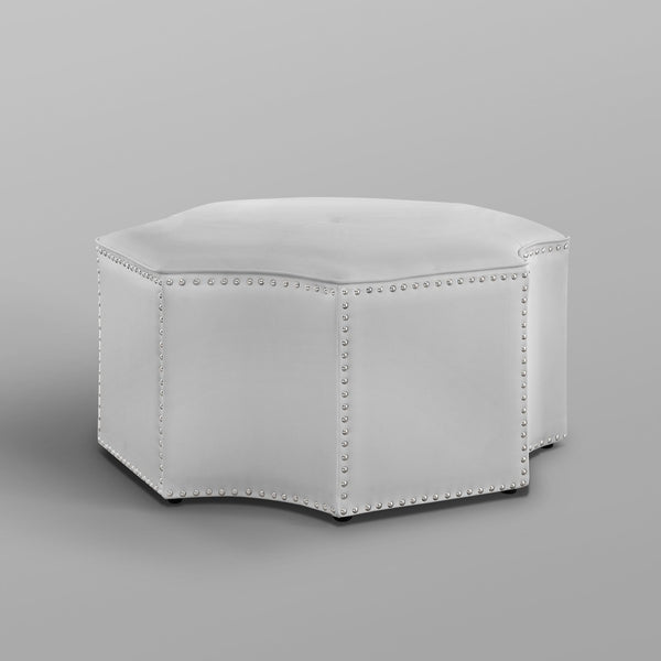 HomeRoots 33" Stylish Octagonal Cocktail Ottoman in Silver Faux Leather with Tufted Design & Nailhead Trim Silver PU/Chrome, Leather PU Leather PU 490604