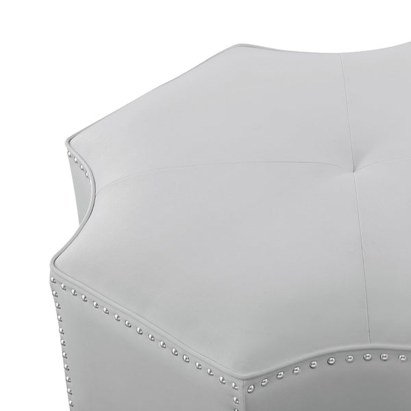 HomeRoots 33" Stylish Octagonal Cocktail Ottoman in Silver Faux Leather with Tufted Design & Nailhead Trim Silver PU/Chrome, Leather PU Leather PU 490604