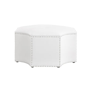 HomeRoots 33" Stylish Octagonal Cocktail Ottoman in Silver Faux Leather with Tufted Design & Nailhead Trim White PU/Chrome, Leather PU Leather PU 490605