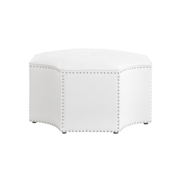 HomeRoots 33" Stylish Octagonal Cocktail Ottoman in Silver Faux Leather with Tufted Design & Nailhead Trim White PU/Chrome, Leather PU Leather PU 490605