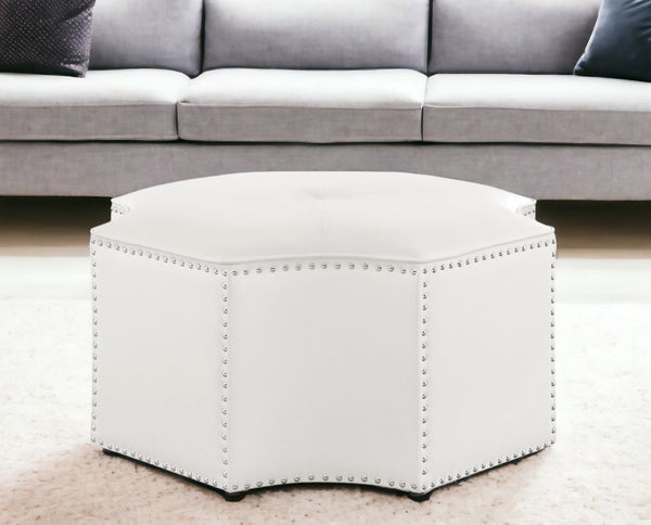 HomeRoots 33" Stylish Octagonal Cocktail Ottoman in Silver Faux Leather with Tufted Design & Nailhead Trim White PU/Chrome, Leather PU Leather PU 490605