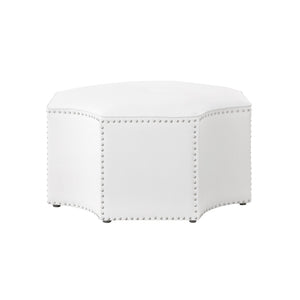 HomeRoots 33" Stylish Octagonal Cocktail Ottoman in Silver Faux Leather with Tufted Design & Nailhead Trim White PU/Chrome, Leather PU Leather PU 490605