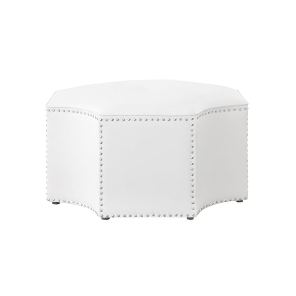 HomeRoots 33" Stylish Octagonal Cocktail Ottoman in Silver Faux Leather with Tufted Design & Nailhead Trim White PU/Chrome, Leather PU Leather PU 490605