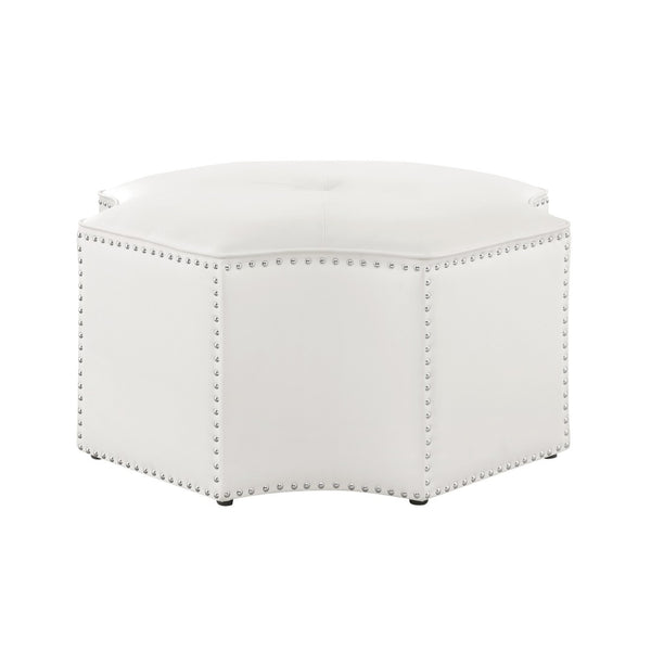 HomeRoots 33" Stylish Octagonal Cocktail Ottoman in Silver Faux Leather with Tufted Design & Nailhead Trim White PU/Chrome, Leather PU Leather PU 490605