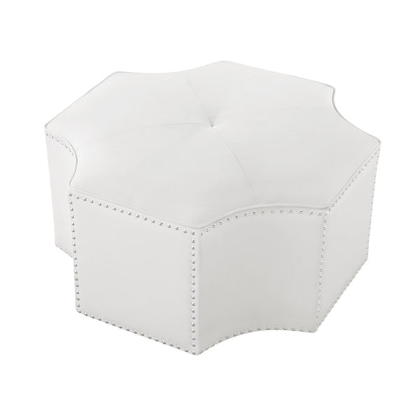 HomeRoots 33" Stylish Octagonal Cocktail Ottoman in Silver Faux Leather with Tufted Design & Nailhead Trim White PU/Chrome, Leather PU Leather PU 490605
