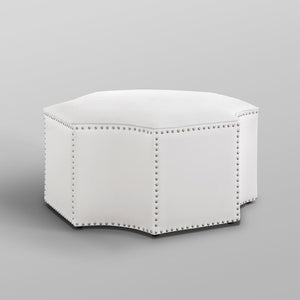 HomeRoots 33" Stylish Octagonal Cocktail Ottoman in Silver Faux Leather with Tufted Design & Nailhead Trim White PU/Chrome, Leather PU Leather PU 490605