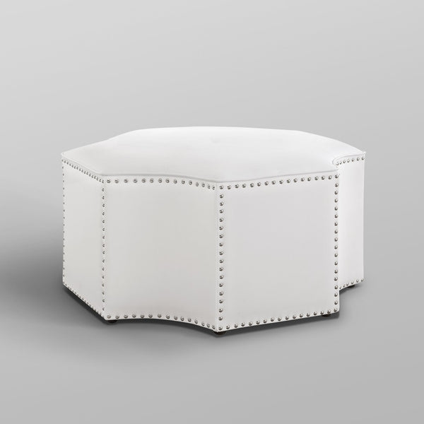 HomeRoots 33" Stylish Octagonal Cocktail Ottoman in Silver Faux Leather with Tufted Design & Nailhead Trim White PU/Chrome, Leather PU Leather PU 490605