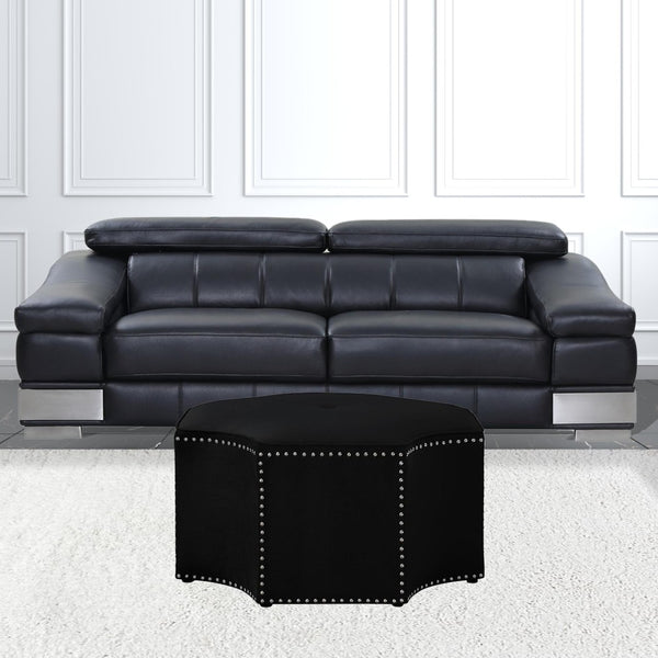 HomeRoots 33" Stylish Octagonal Cocktail Ottoman in Silver Faux Leather with Tufted Design & Nailhead Trim Black Velvet/Chrome, Velvet Velvet 490606