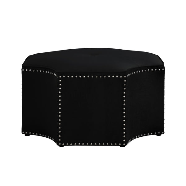 HomeRoots 33" Stylish Octagonal Cocktail Ottoman in Silver Faux Leather with Tufted Design & Nailhead Trim Black Velvet/Chrome, Velvet Velvet 490606