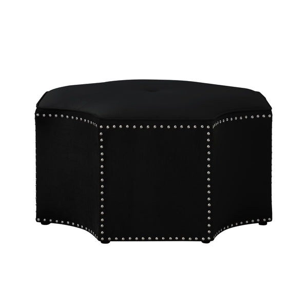 HomeRoots 33" Stylish Octagonal Cocktail Ottoman in Silver Faux Leather with Tufted Design & Nailhead Trim Black Velvet/Chrome, Velvet Velvet 490606