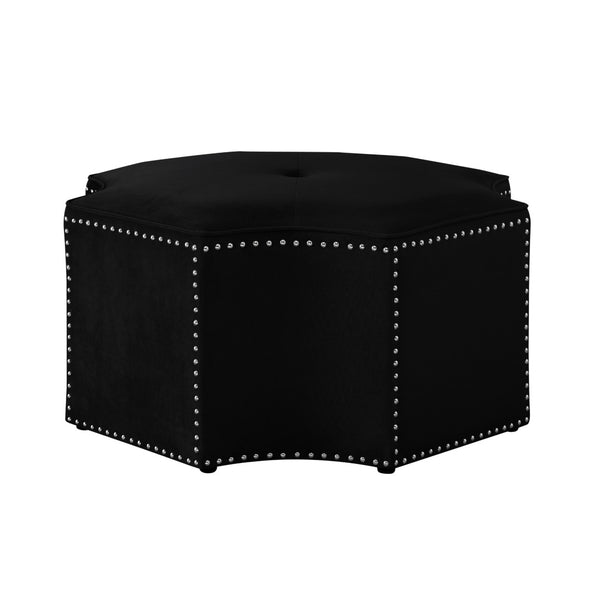 HomeRoots 33" Stylish Octagonal Cocktail Ottoman in Silver Faux Leather with Tufted Design & Nailhead Trim Black Velvet/Chrome, Velvet Velvet 490606