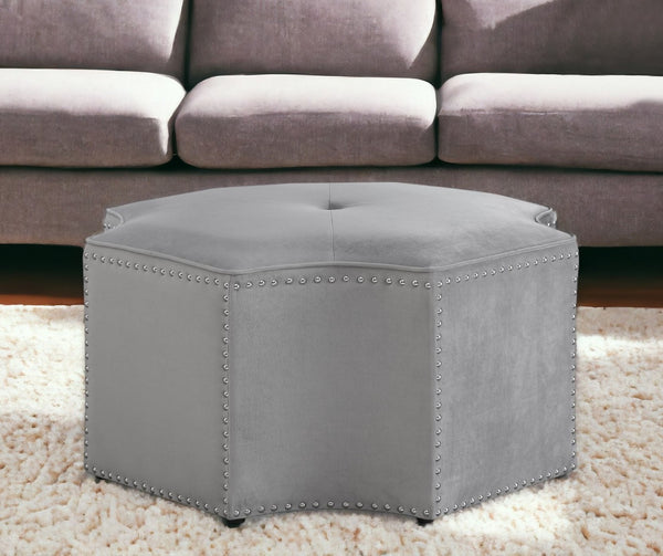 HomeRoots 33" Stylish Octagonal Cocktail Ottoman in Silver Faux Leather with Tufted Design & Nailhead Trim Grey Velvet/Chrome, Velvet Velvet 490607