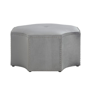 HomeRoots 33" Stylish Octagonal Cocktail Ottoman in Silver Faux Leather with Tufted Design & Nailhead Trim Grey Velvet/Chrome, Velvet Velvet 490607