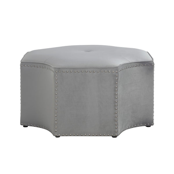 HomeRoots 33" Stylish Octagonal Cocktail Ottoman in Silver Faux Leather with Tufted Design & Nailhead Trim Grey Velvet/Chrome, Velvet Velvet 490607