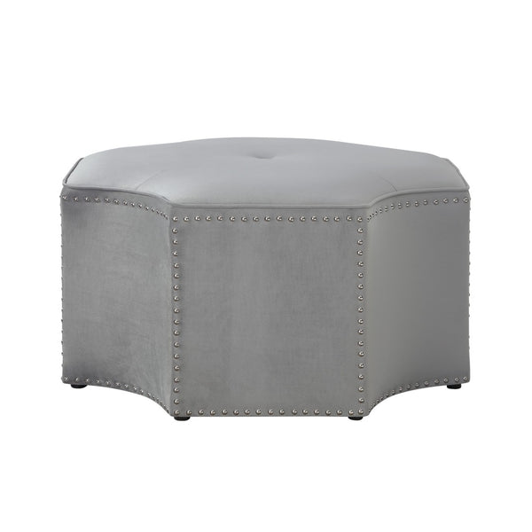 HomeRoots 33" Stylish Octagonal Cocktail Ottoman in Silver Faux Leather with Tufted Design & Nailhead Trim Grey Velvet/Chrome, Velvet Velvet 490607